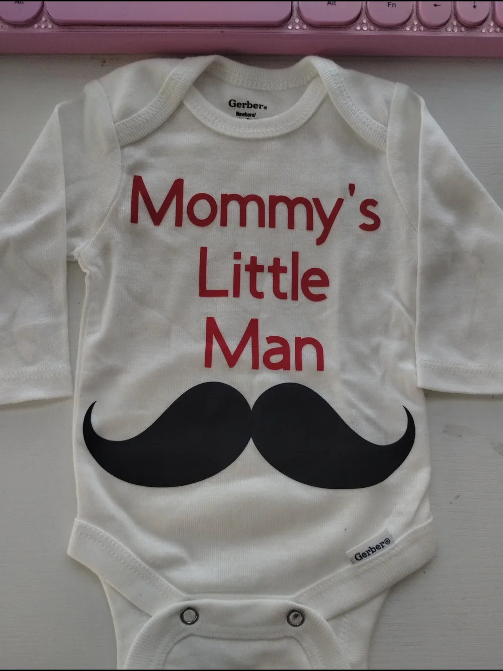 Gerber White Baby Bodysuit with Red Text and Black Mustache